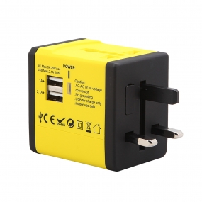 World Wide Travel Charger Adapter Plug Built-in Dual USB FOR All International Plug - Yellow