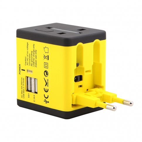 World Wide Travel Charger Adapter Plug Built-in Dual USB FOR All International Plug - Yellow