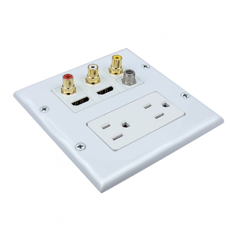 2 x 15 Amp 125V Power Outlet 3 x RCA - 2 X HDMI and 1 x Coax Cable TV Port Wall Plate White