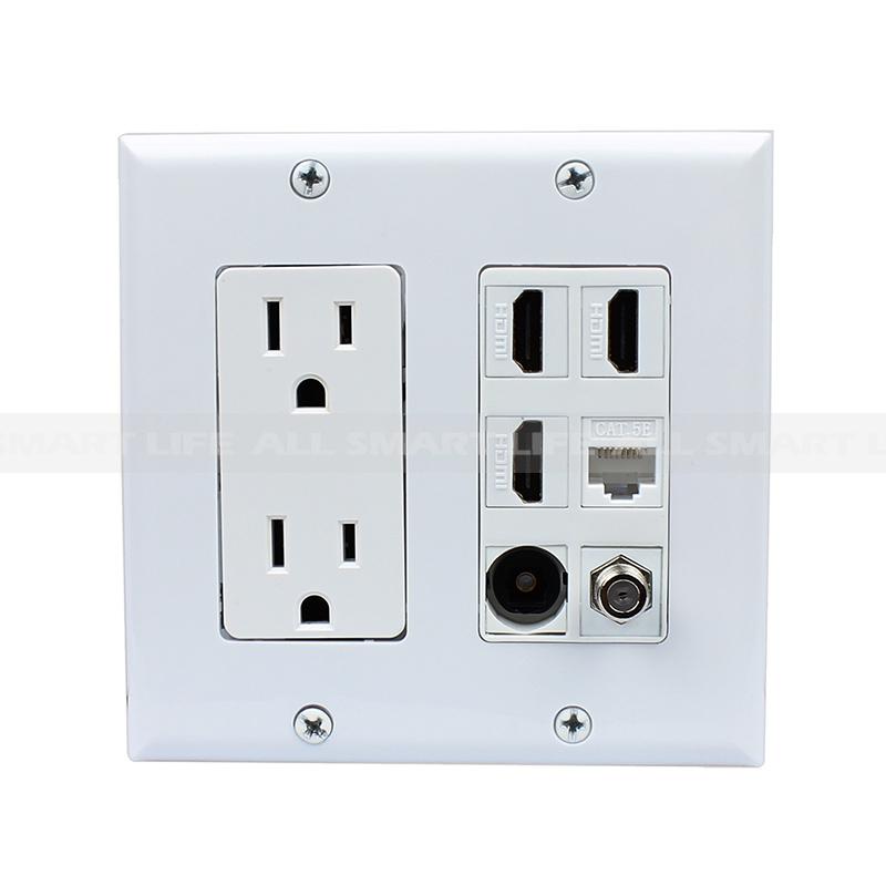 RiteAV 15A Power Outlet 4 Port HDMI 1 x Cat5e Ethernet Coax Cable TV Screwless Wall Plate