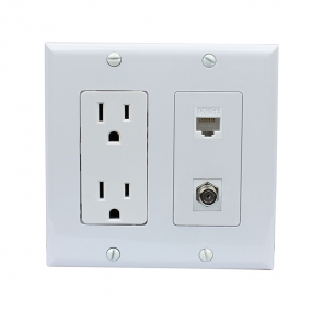 15 Amp Power Outlet 1 Port Coax 1 Port Shielded Cat5e Ethernet Decora Wall Plate