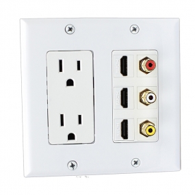 Combination 2 x 15 Amp 125V Power Outlet 3 x RCA  3 X HDMI Wall Plate White