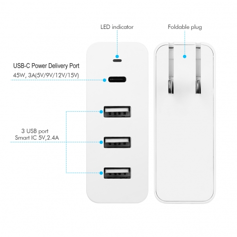 USB-C Charger with USB, 60W With Quick Charge 3.0 4-Port USB-C C Cable Included) with USB Power Delivery for MacBook, Macbook Pro, ipad, Nexus, Samsung S8+ / S8 -White