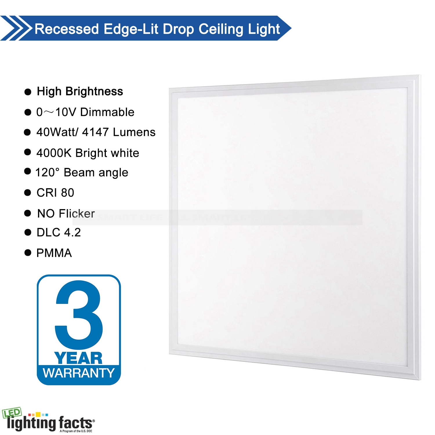 2x2 LED Flat Panel Ceiling Light 0-10V Dimmable Drop Ceiling Lights Back-Lit 2x2FT LED Flat Panel Lighting Allsmartlife 4000K-5000K-6000K 40W/4958 Lumens 100-277V 50/60Hz ETL & FCC 4-Pack