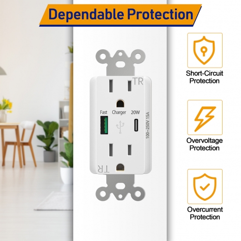 USB Outlet 20W PD 3.0 QC 3.0, Outlet with USB Type C, Power Delivery & Quick Charge, 15 Amp TR Receptacle, Smart Chip High Speed Charging for iPhone 13 Pro Max, 12, iPad, Samsung, Google 1-Pack