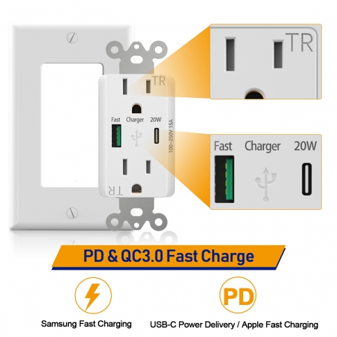 USB Outlet 20W PD 3.0 QC 3.0, Outlet with USB Type C, Power Delivery & Quick Charge, 15 Amp TR Receptacle, Smart Chip High Speed Charging for iPhone 13 Pro Max, 12, iPad, Samsung, Google 1-Pack